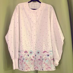 Professional Scrub Jacket white with pretty floral pattern